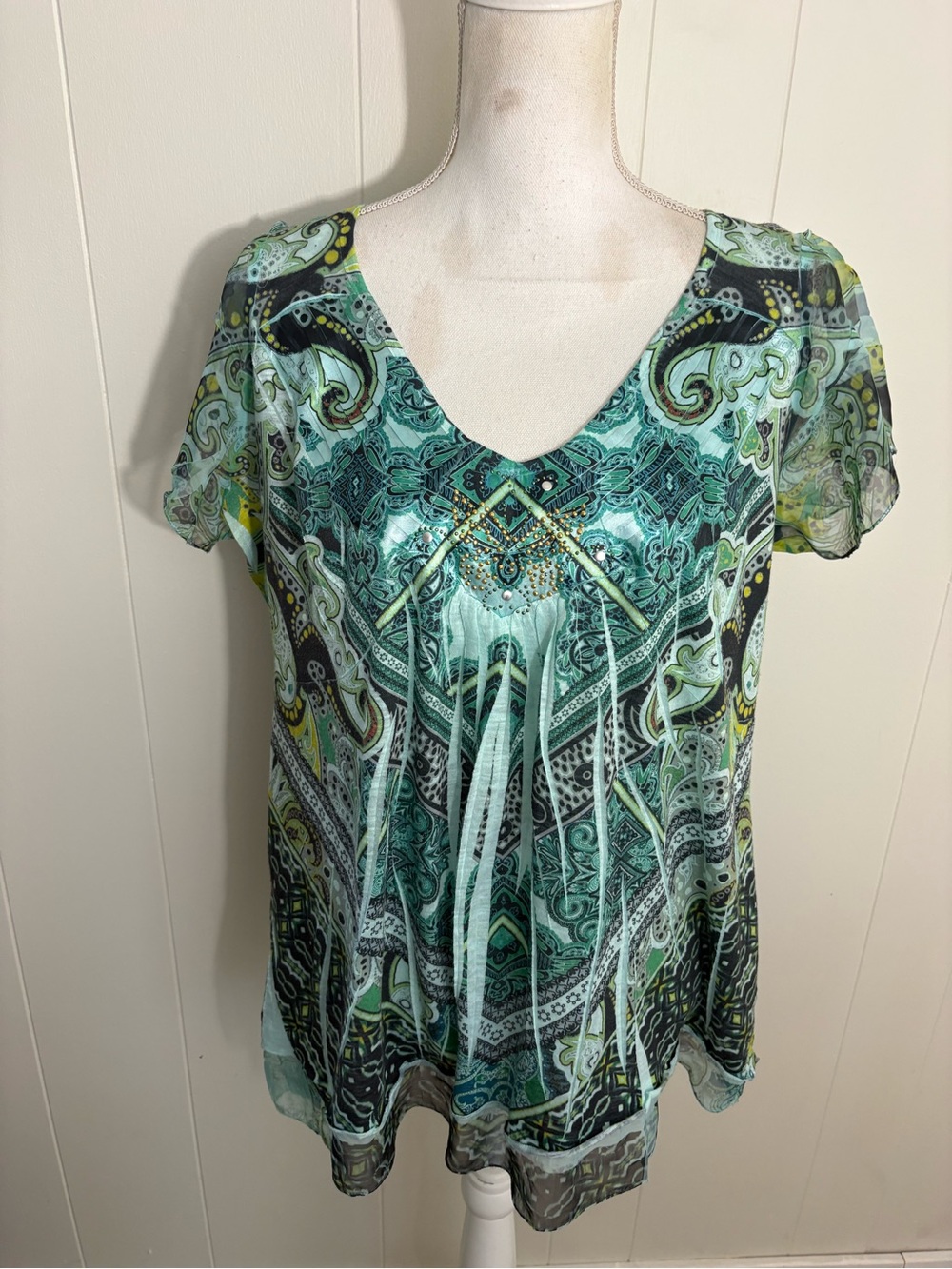 Apt. 9 Teal & Mint Paisley V-Neck Short Sleeve Top
